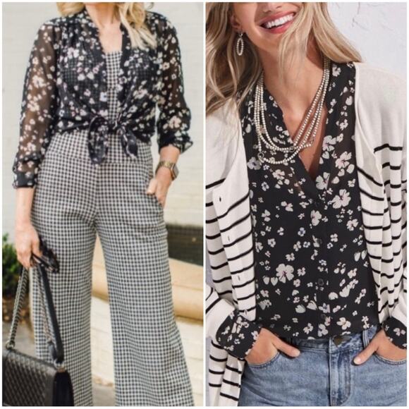 Cabi Delight Blouse Sheer Long sleeve Button Up Women's Small #6079 Black/White - Picture 1 of 16